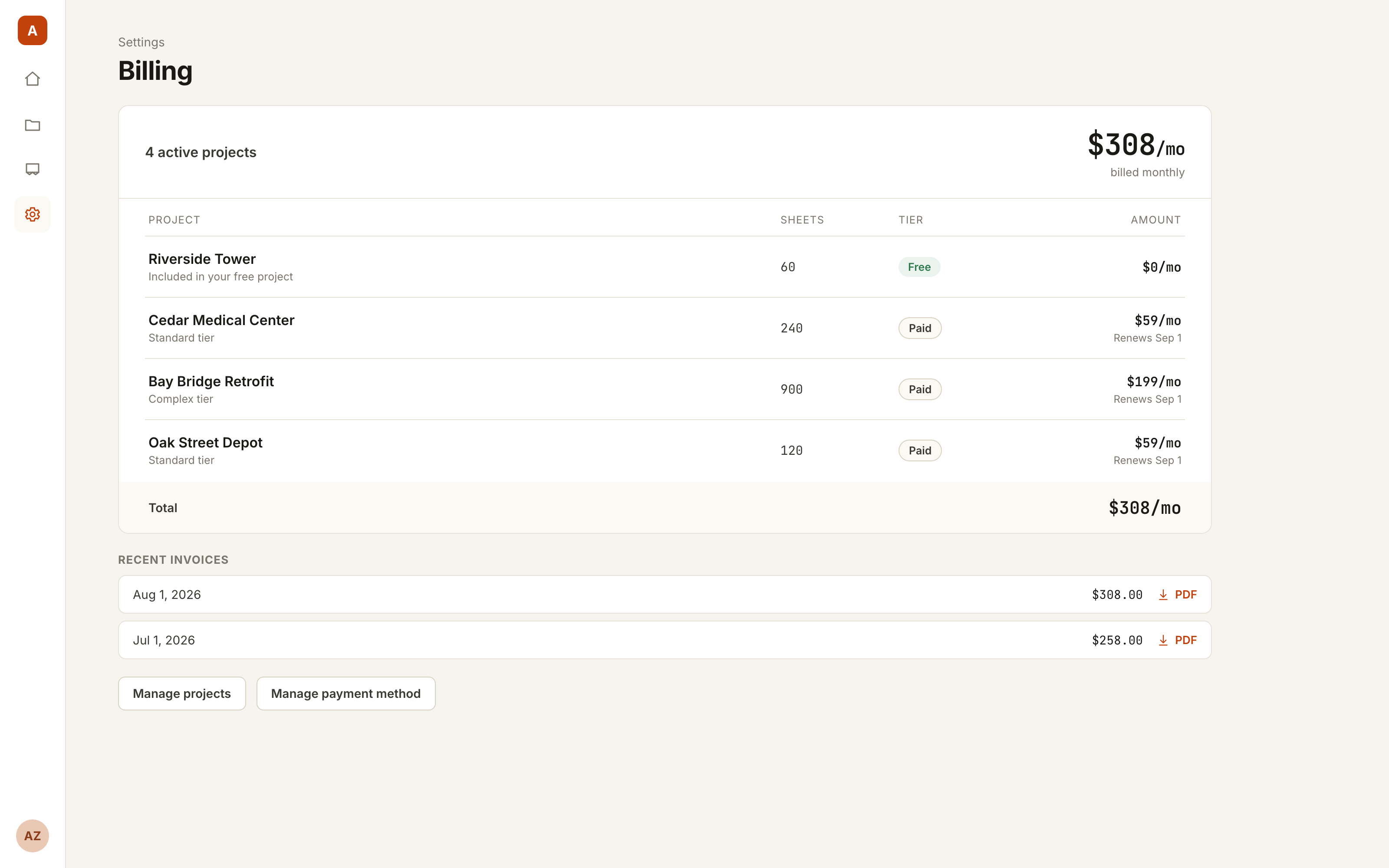 The billing panel: your free project and any paid ones.