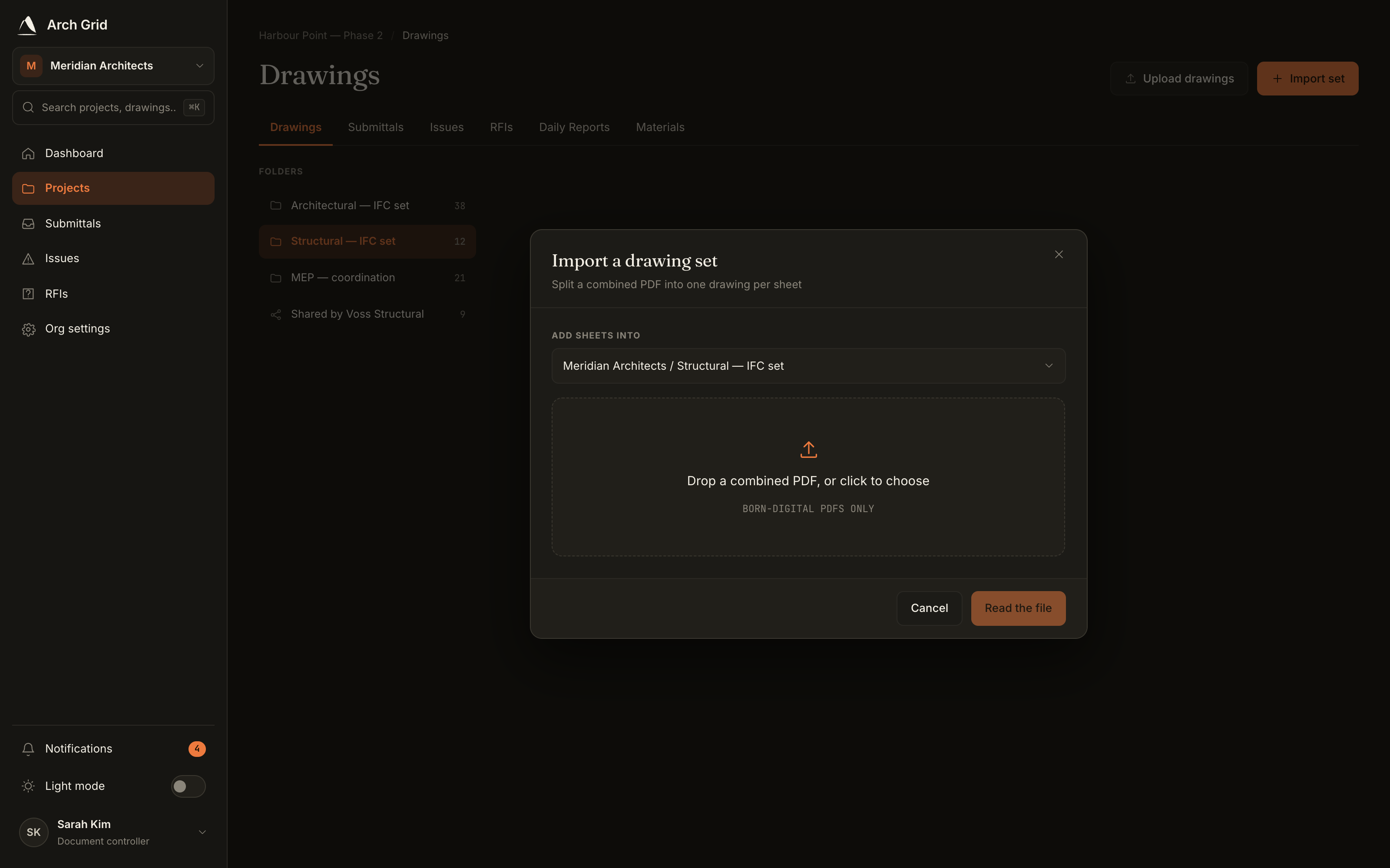 The Import set dialog.