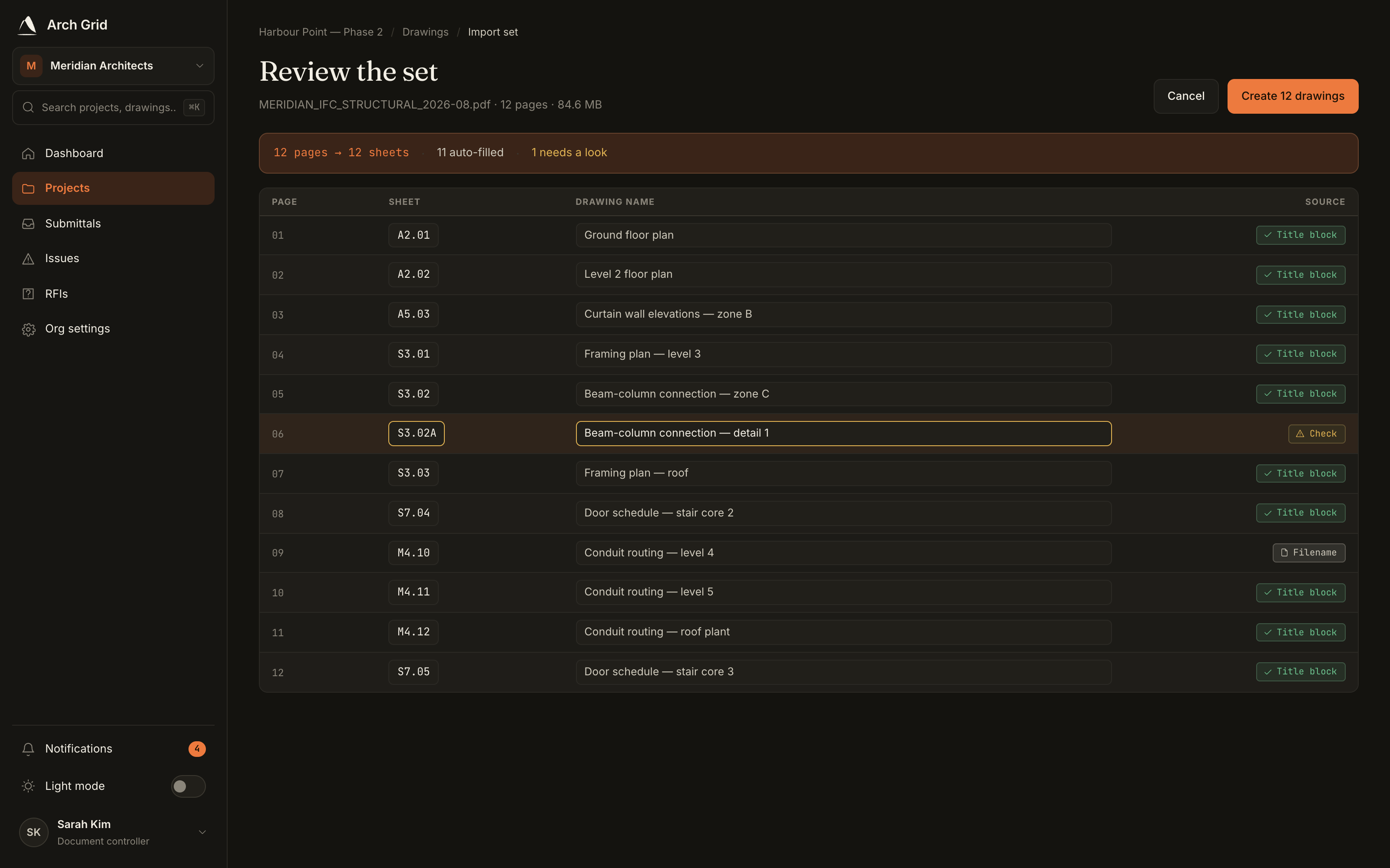One editable row per detected sheet, before import.