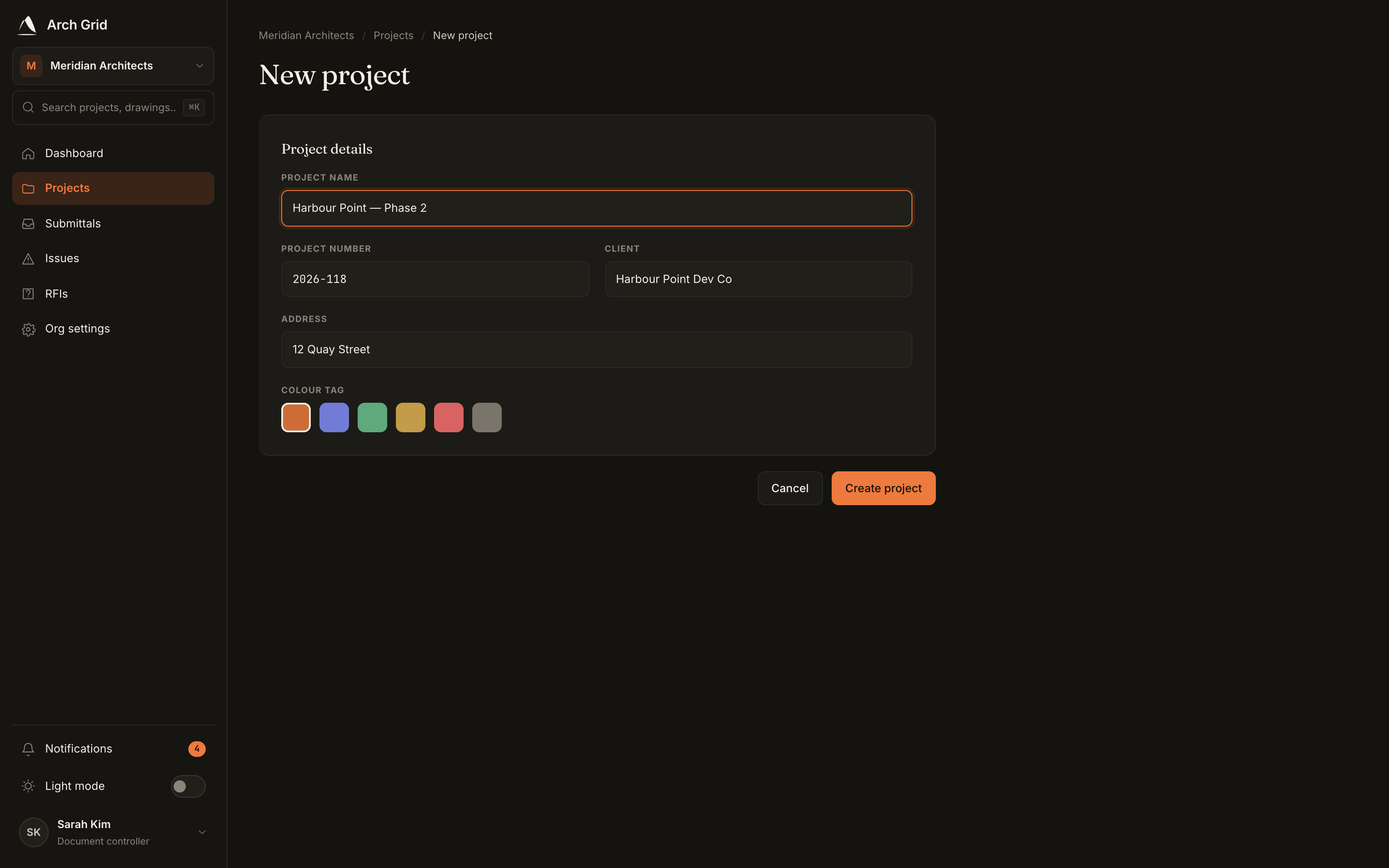 The Project details section.