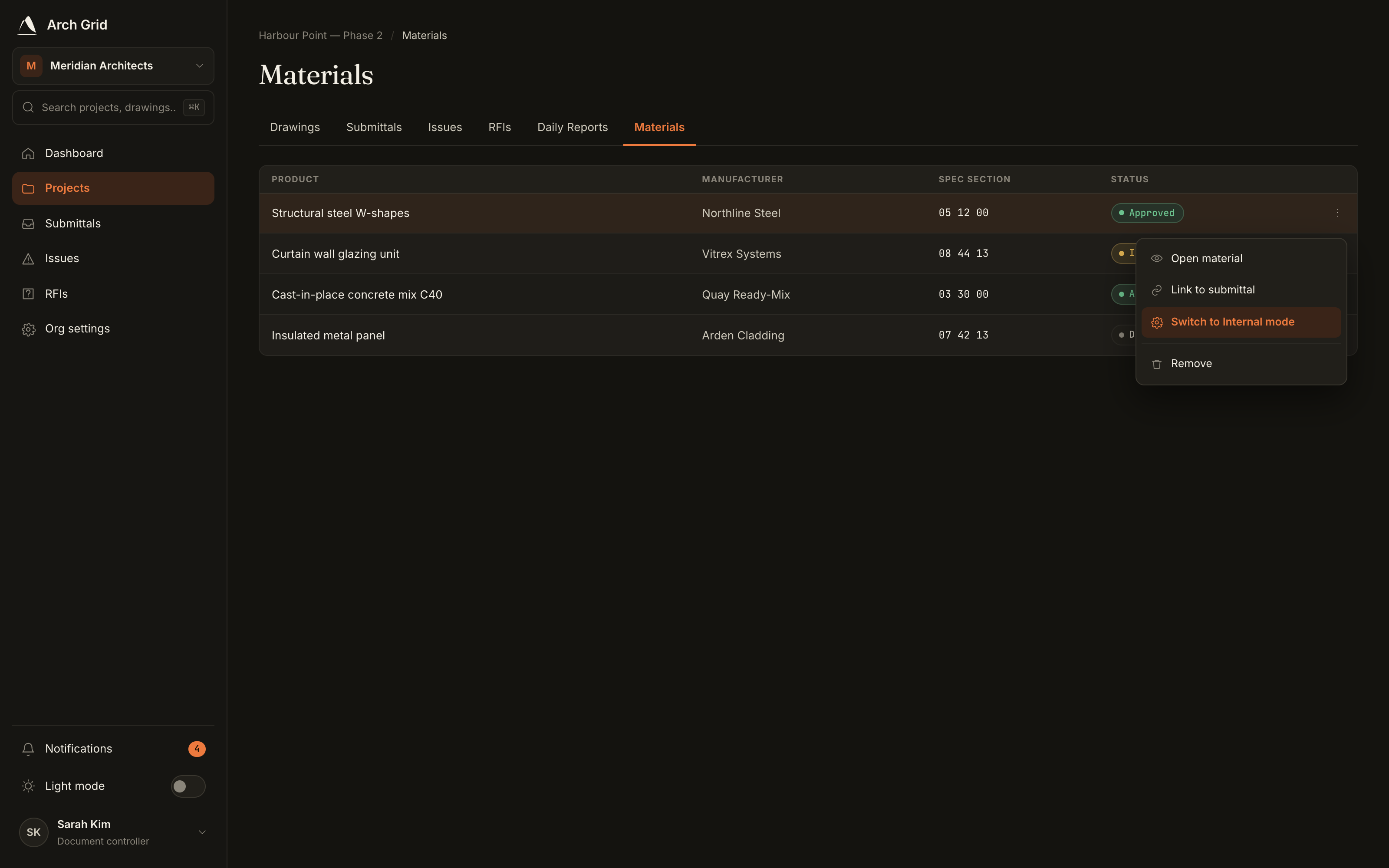 Switching a material to internal mode.