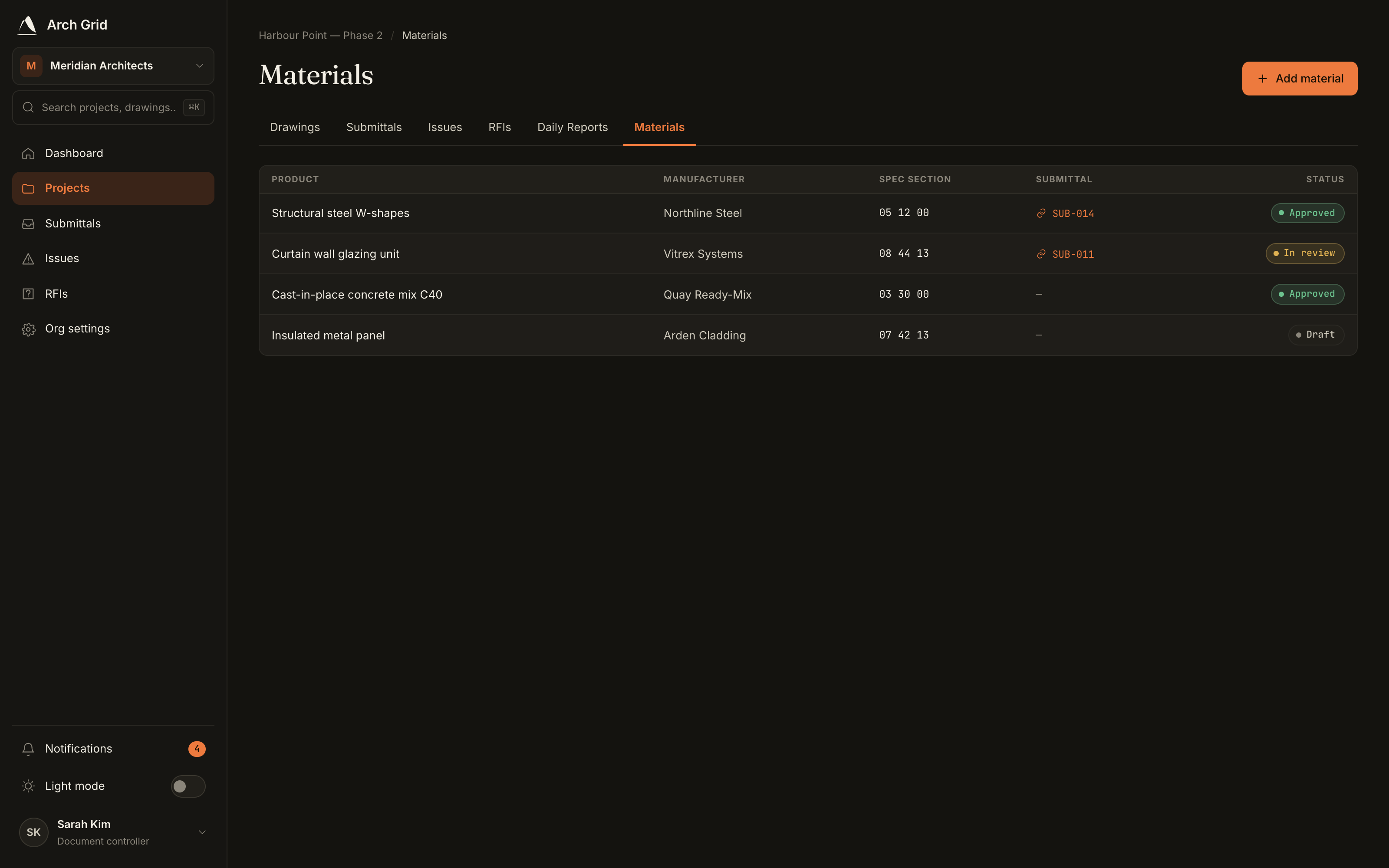 The register with statuses and linked submittals.