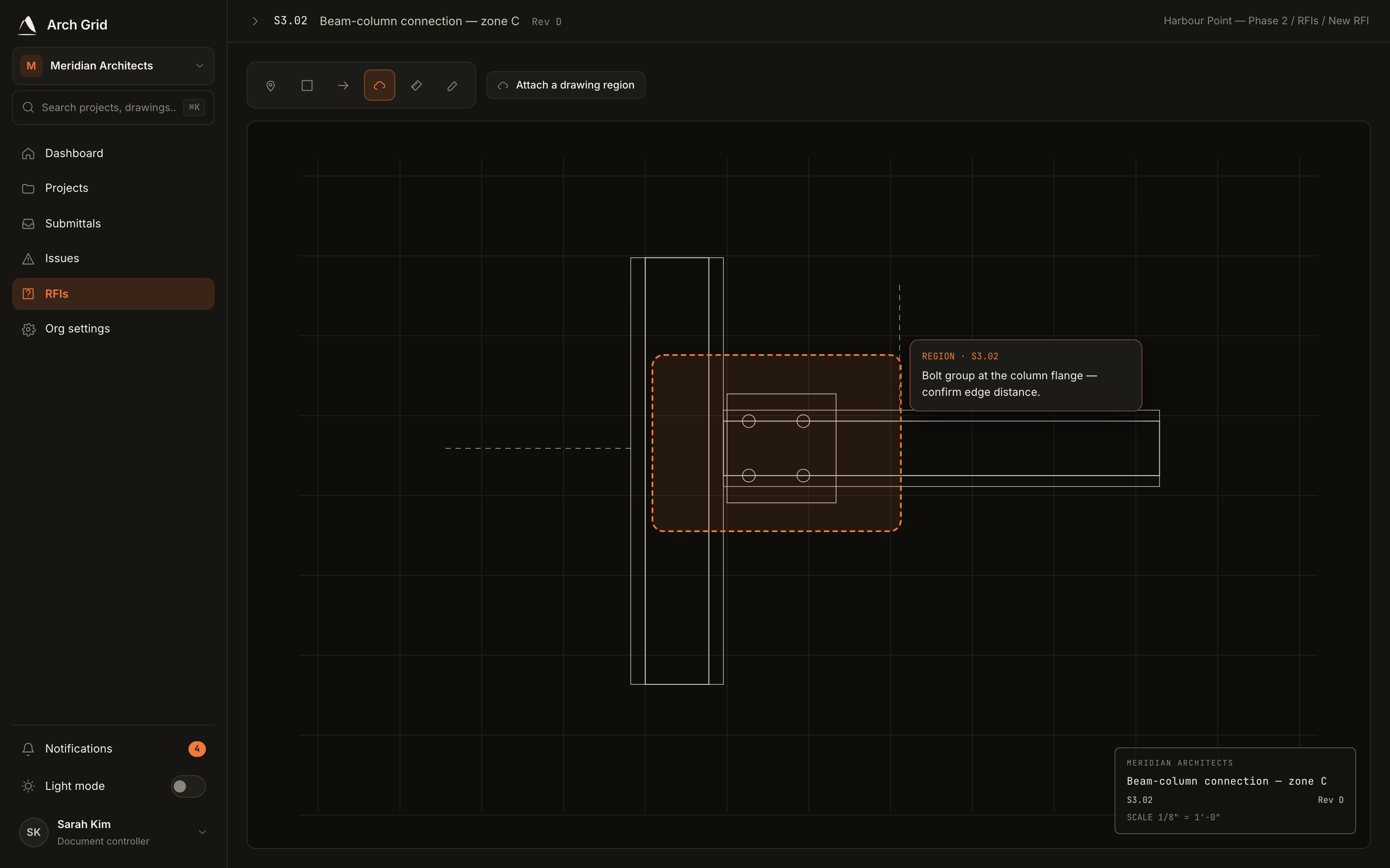 Pinning a region on a drawing.