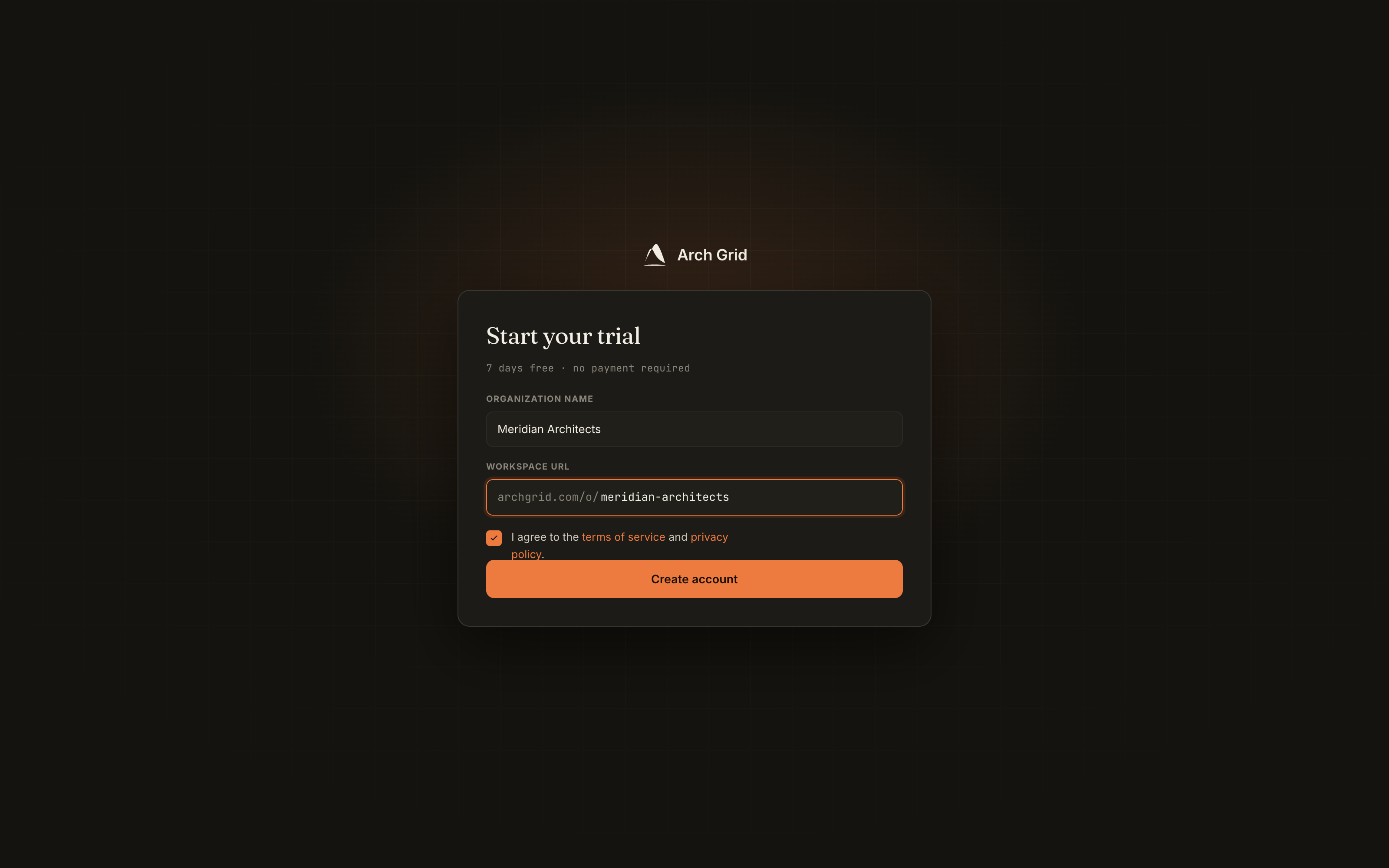 Account details plus your organization name and workspace URL.